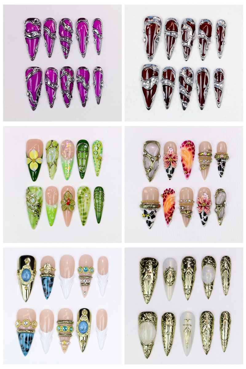 Resin Art Flower - 10Pcs Kuku Palsu Stiletto Panjang Mengkilap