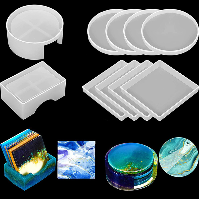 Resin Art Tray - Cetakan silikon Coaster persegi bulat DIY