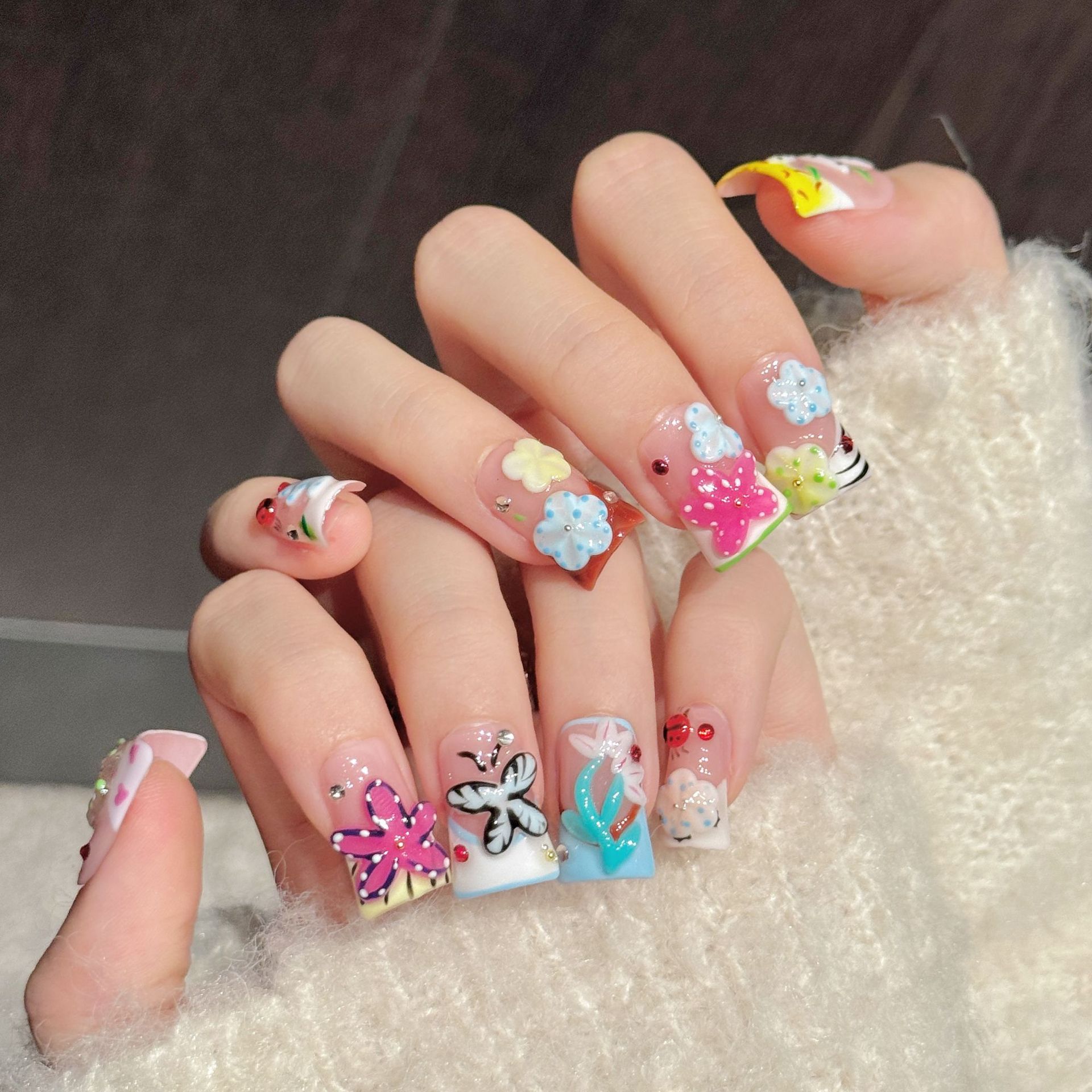 10PCS Kuku Palsu Buatan Tangan - Resin Art Flower ulasan dan harga