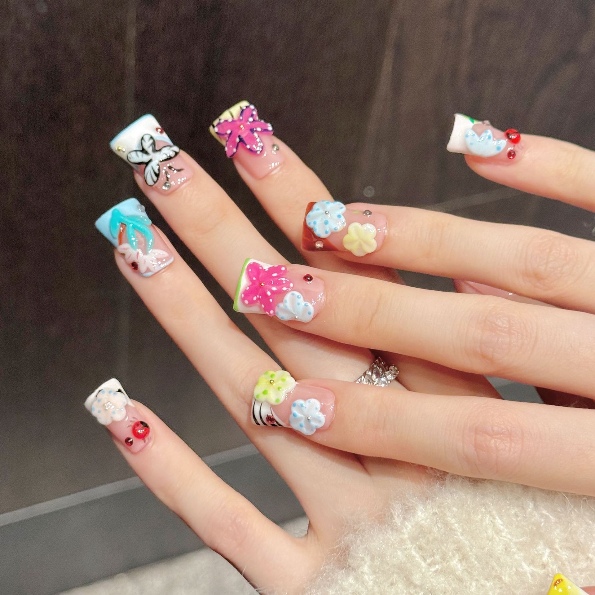 10PCS Kuku Palsu Buatan Tangan - Resin Art Flower ulasan dan harga